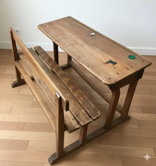 Illustration numéro 4 du produit Bureau d'écolier en chêne début XXème avec ses encriers