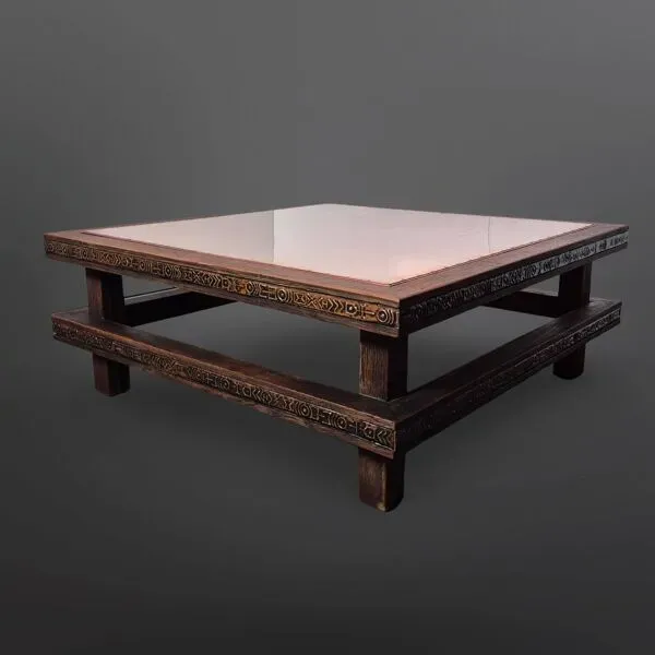 Illustration numéro 4 du produit Table basse carrée en chêne brutaliste avec plateau en cuivre, Pays-Bas, années 1950.