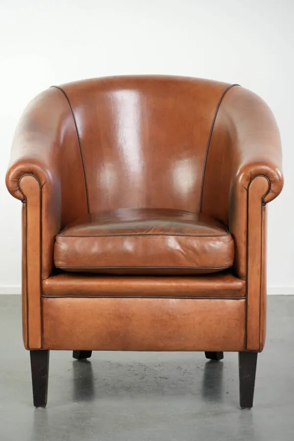 Illustration numéro 4 du produit Fauteuil club en peau de mouton vintage avec une palette de couleurs chaudes et des passepoils noirs.