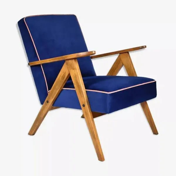 Illustration numéro 4 du produit Fauteuil vintage B310 VAR ''Compas'', Pologne, super restauré, années 1960, velours bleu et rose.