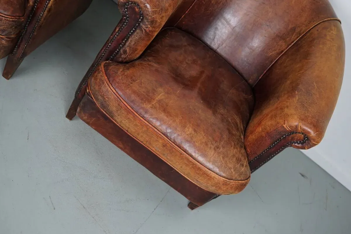 Illustration numéro 4 du produit Fauteuil club vintage hollandais en cuir couleur cognac, lot de 2