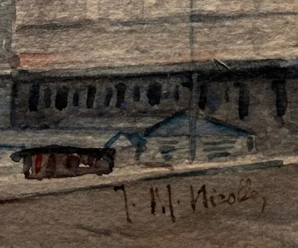 Illustration numéro 4 du produit Tableau Aquarelle début XX° Pont de Paris Bord de Seine signé J. M. Nicolle
