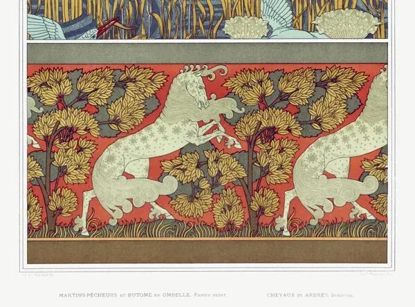 Illustration numéro 4 du produit Affiche “Martins-pêcheurs et chevaux”, d’après une lithographie art nouveau