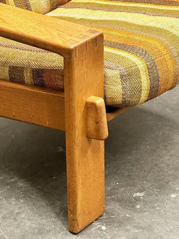 Illustration numéro 4 du produit Grande chaise longue vintage en bois d'orme avec tissu d'origine, années 1970, France