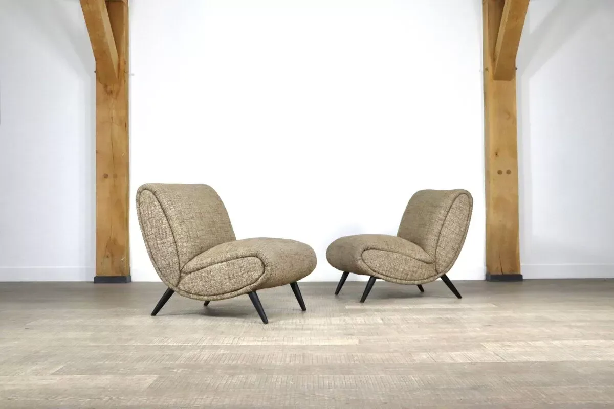 Illustration numéro 4 du produit Paire de fauteuils Norman Bel Geddes en bouleau et tissu en laine d'origine, années 1950