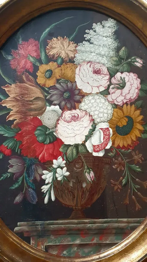 Illustration numéro 4 du produit Tableau ancien vase médicis avec fleurs sur table en marbre école j fr