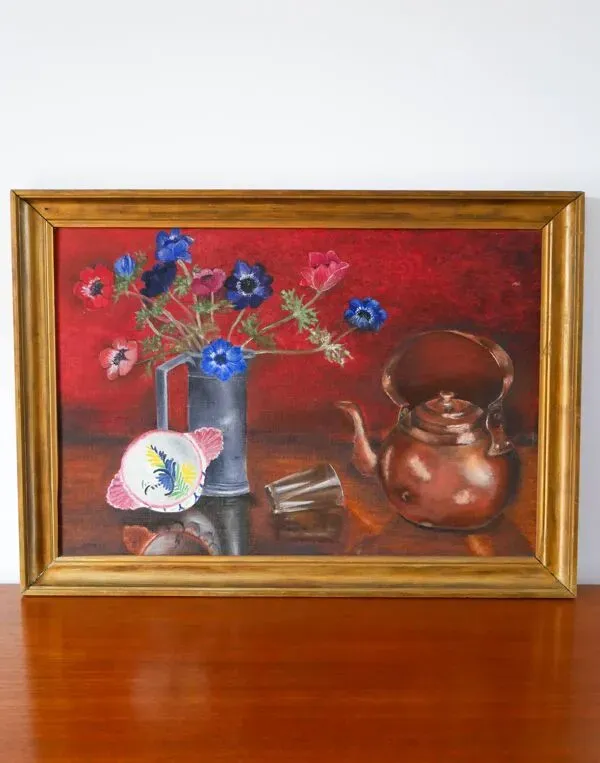 Illustration numéro 4 du produit tableau huile sur panneau nature morte bouquet rouge et bleu 1950