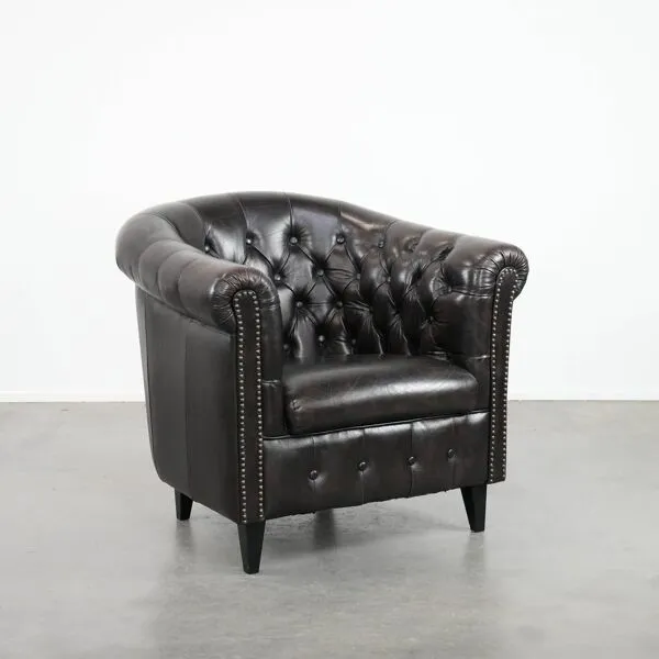 Illustration numéro 4 du produit Fauteuil club Chesterfield en cuir de vachette noir de style anglais