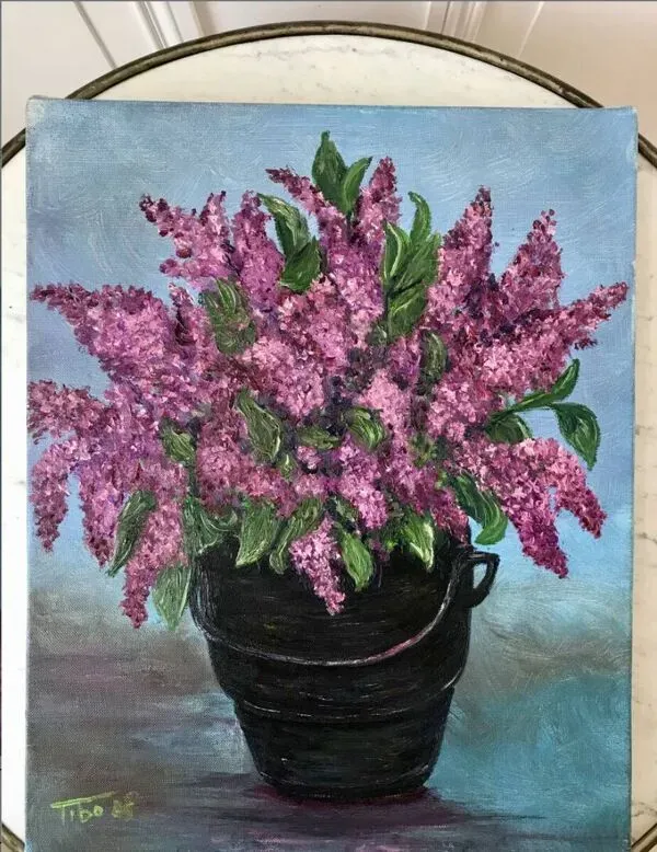 Illustration numéro 4 du produit Tableau huile sur toile bouquet de fleurs lilas vintage signée