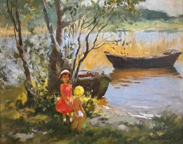 Illustration numéro 4 du produit Tableau HST Post impressionniste en cadré signé Poretskov ''Fillettes au bord du lac