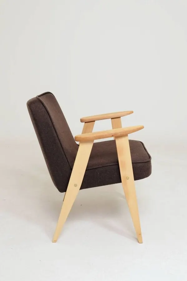 Illustration numéro 4 du produit Fauteuil rétro en tissu en laine cacao, bois de hêtre naturel