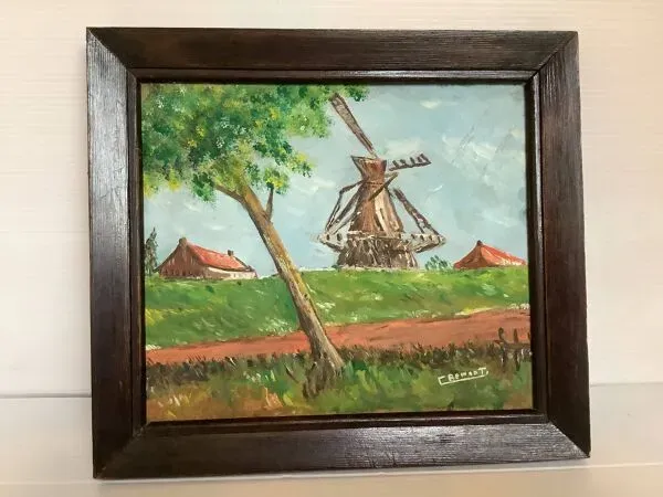 Illustration numéro 4 du produit Petit tableau paysage moulin huile sur panneau signée