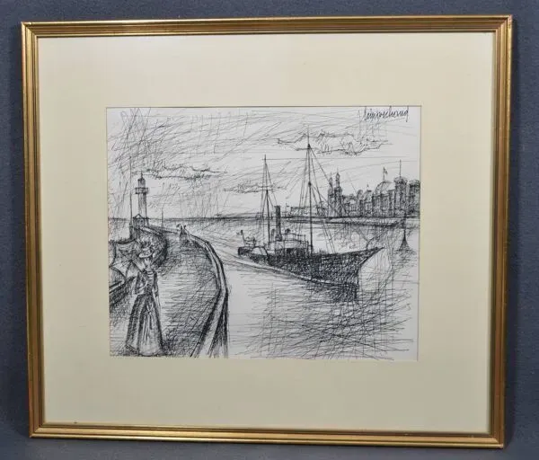 Illustration numéro 4 du produit Ecole française du XXème siècle ''le bateau dans un port avec les élégantes