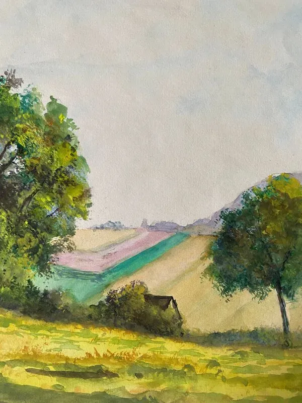 Illustration numéro 4 du produit Tableau aquarelle ''Plaine vallonnée et arborée'' école du XX° siècle