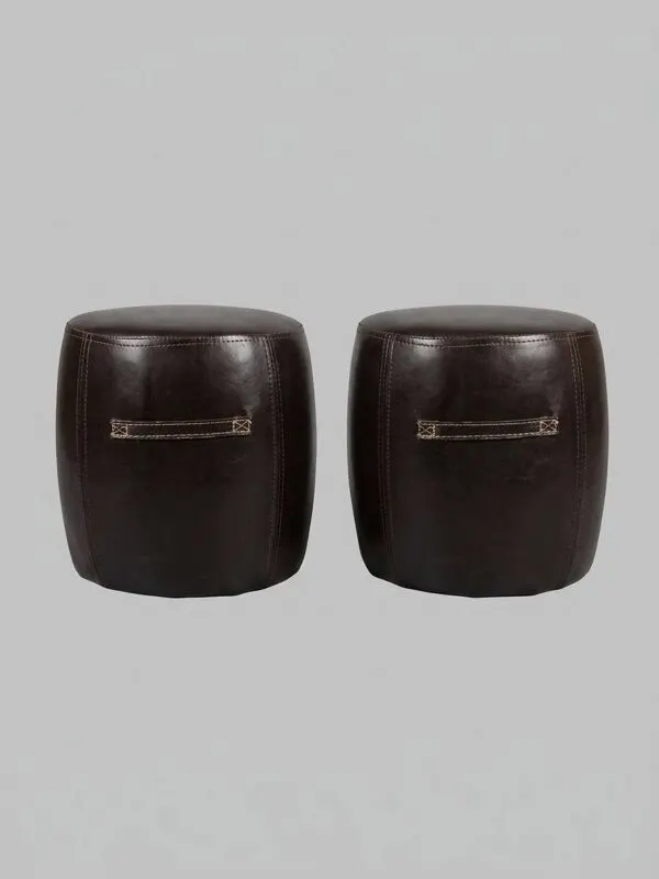 Illustration numéro 4 du produit 2 Petits poufs marron surpiqués beige - style industriel, loft, vintage, ré
