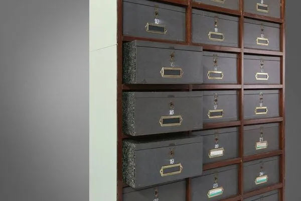 Illustration numéro 4 du produit Armoire de classement industrielle en bois, Belgique années 1920