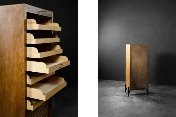 Illustration numéro 4 du produit Vintage Industrial Danish Roller Shutter Brown Oak Cabinet with Drawers