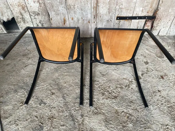 Illustration numéro 4 du produit Paire chaise ancienne écolier style mullca métal noir + bois vintage #
