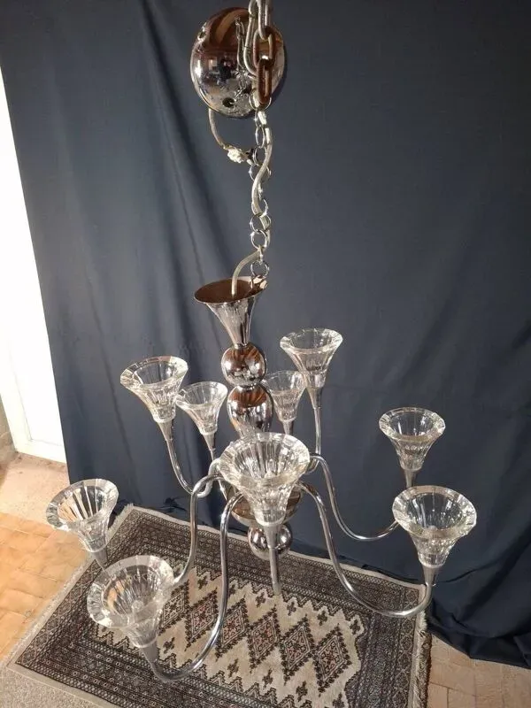 Illustration numéro 4 du produit Lustre annees 1930-1950 en metal chrome et verre epais