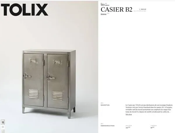 Illustration numéro 4 du produit Armoire Casier B2 métal / 2 portes - L 80 x H 102 cm / Réédition 1930 - Tolix