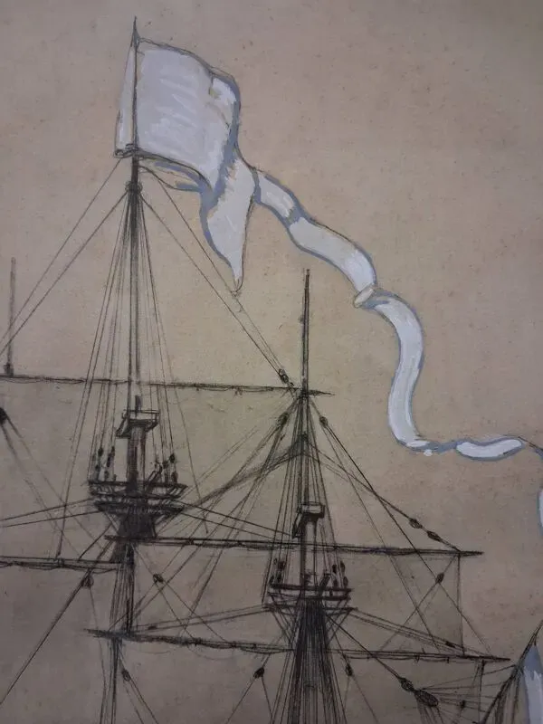 Illustration numéro 4 du produit Dessin vaisseau du XVIIIe, impression réhaussée de gouache , Durand-Chapron
