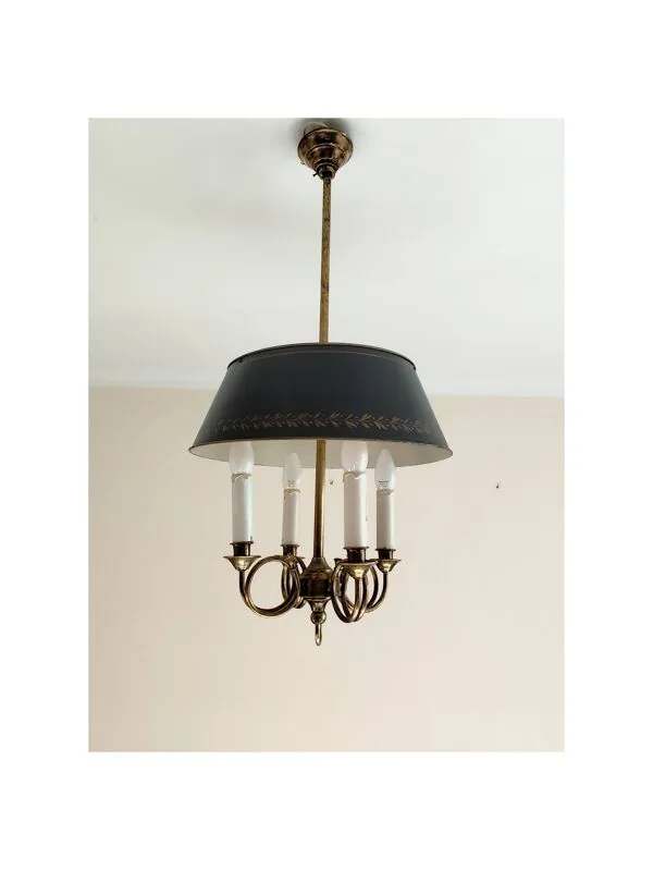 Illustration numéro 4 du produit Lustre bouillotte 4 feux en laiton doré et abat-jour en métal vert