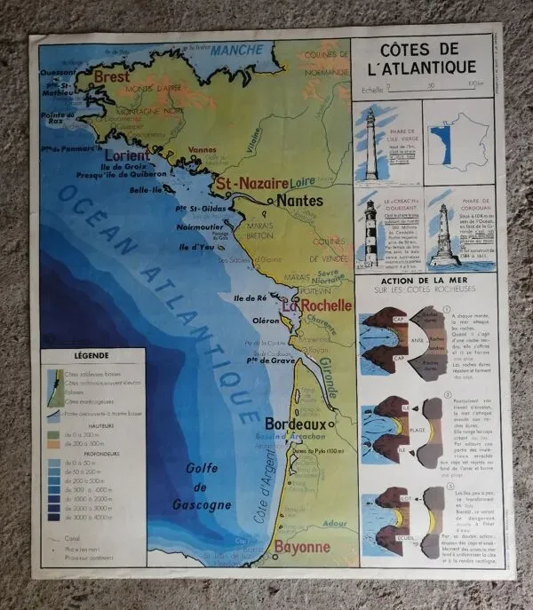 Illustration numéro 4 du produit Carte scolaire vintage mdi France - Côtes de l'atlantique.