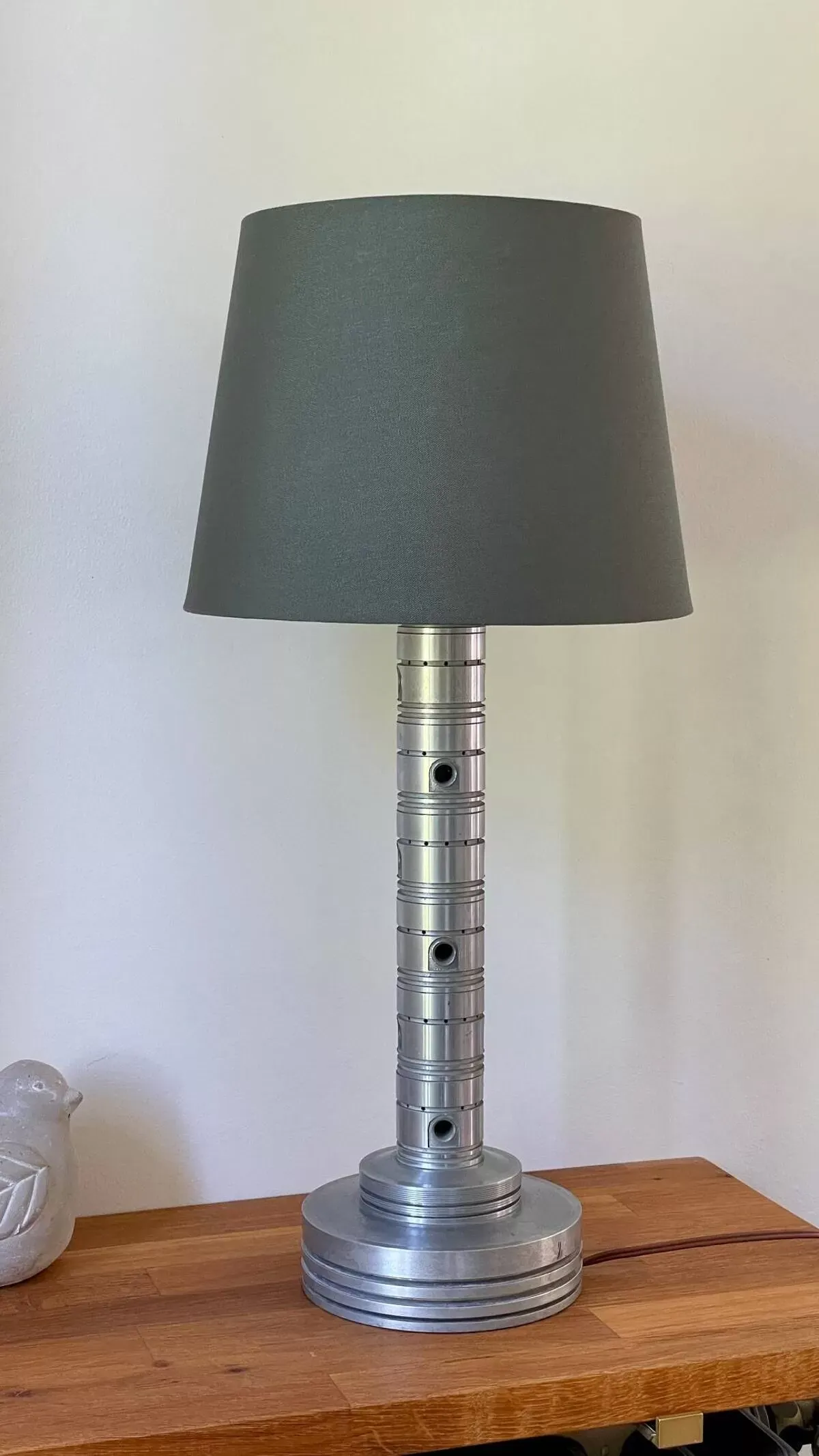 Illustration numéro 4 du produit Lampe industrielle métal poli et tissu kaki vintage