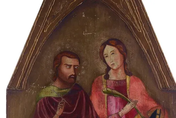 Illustration numéro 4 du produit Peinture à la détrempe ancienne sur panneau avec des saints, 19ème siècle