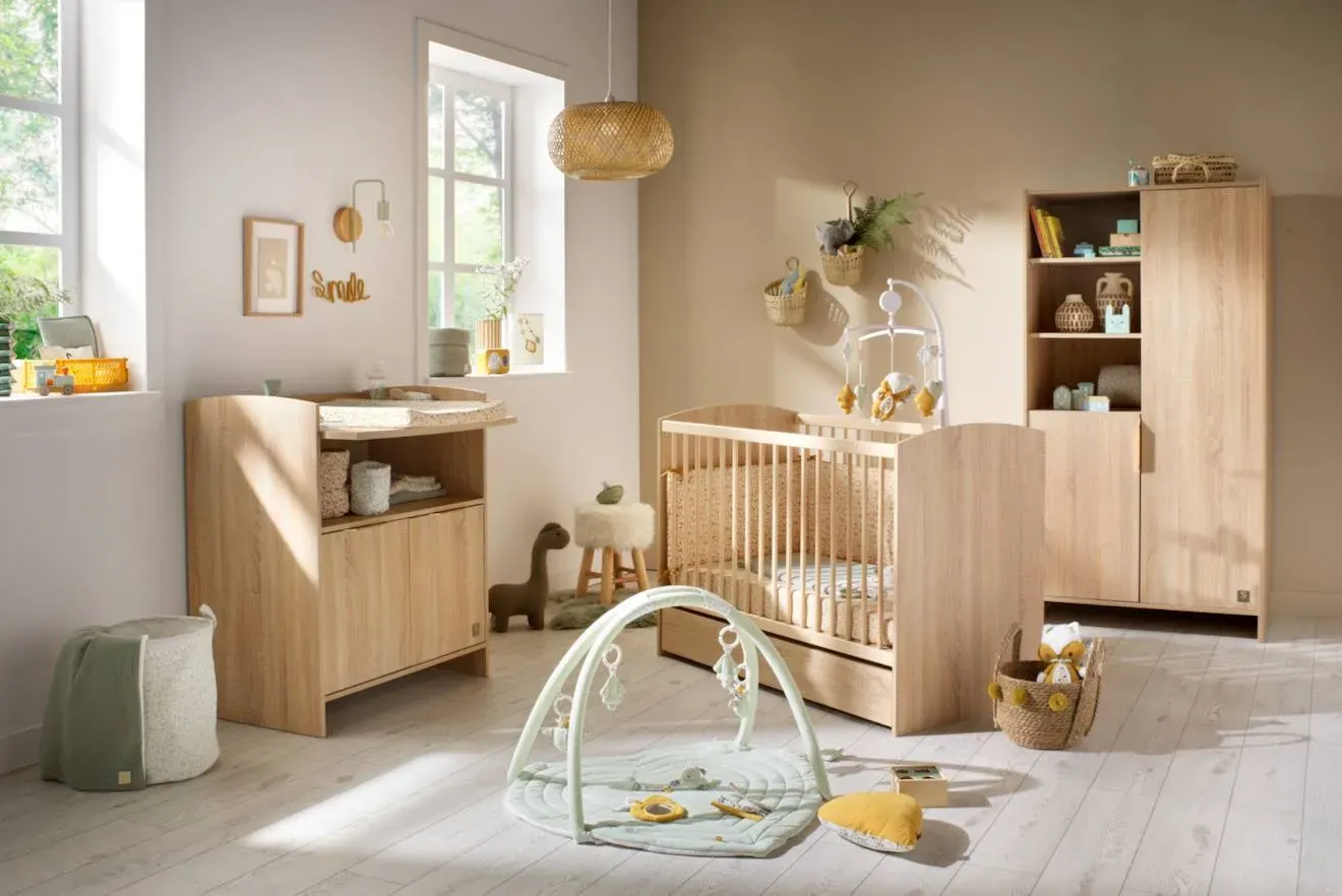 Illustration numéro 4 du produit Lit Bébé Avec Têtes De Lit Arrondies En Bois Décor Chêne Doré - Azur Marron