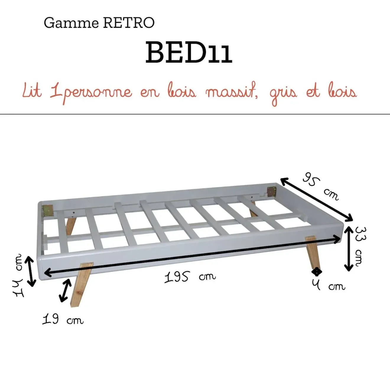 Illustration numéro 4 du produit Lit 1 Place En Bois Massif Gris Et Bois 90cm - Rétro Naturel