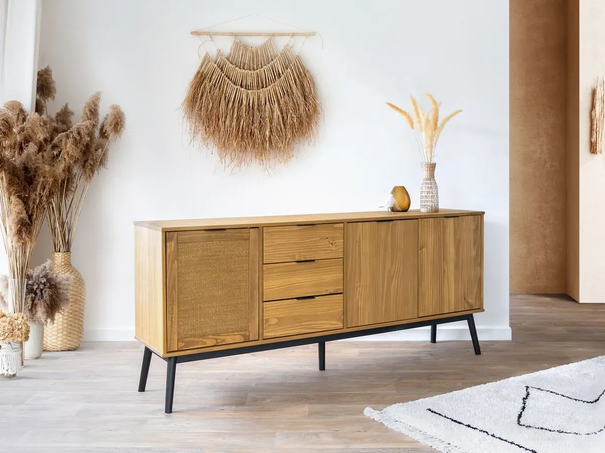 Illustration numéro 5 du produit Buffet 3 portes 186 cm ALBI bois massif et rotin    BOBOCHIC