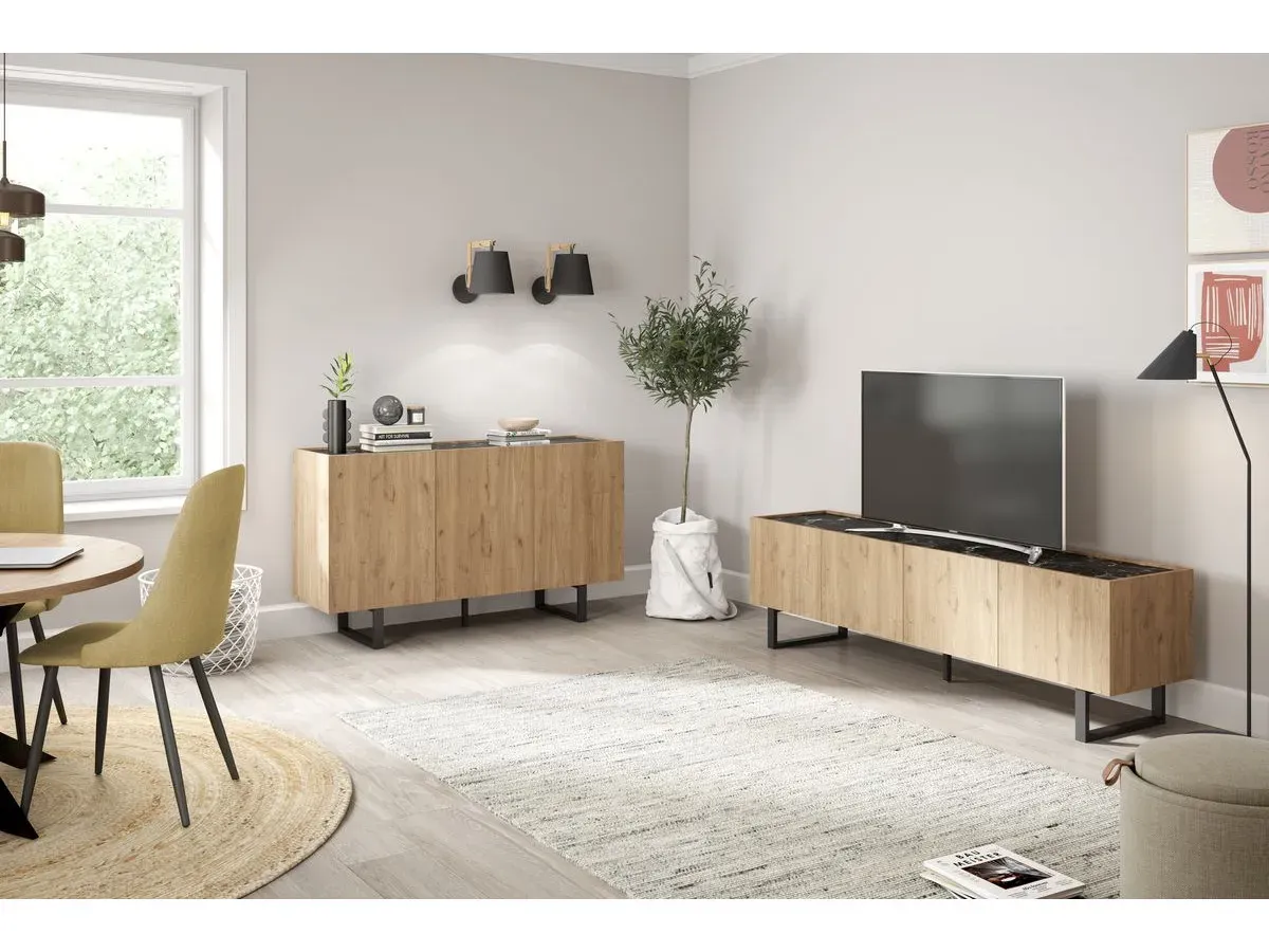 Illustration numéro 5 du produit Meuble TV 180 cm OPERA effet chêne et effet marbre noir    BOBOCHIC