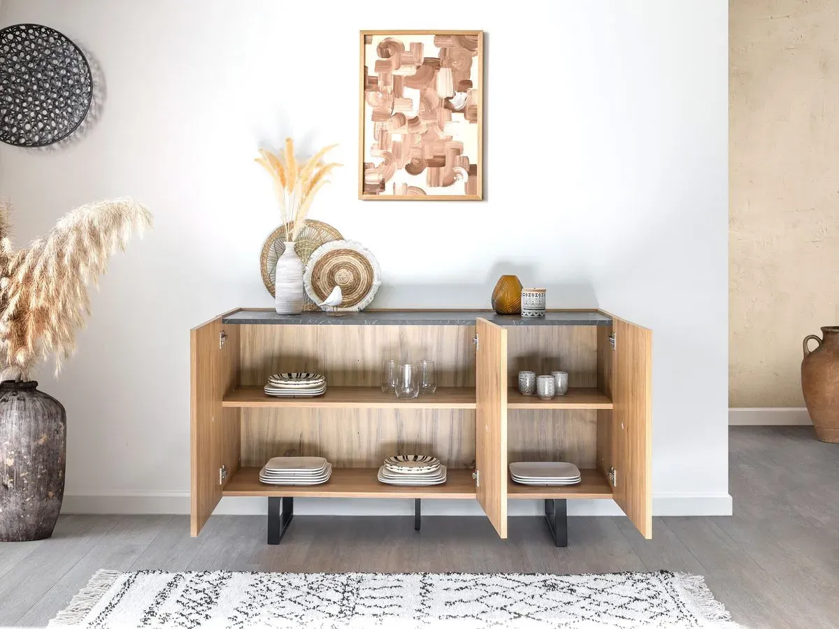 Illustration numéro 5 du produit Buffet 3 portes 140 cm OPERA effet chêne et imitation marbre noir    BOBOCHIC