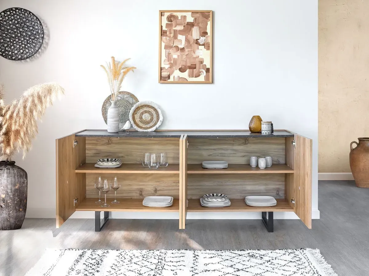 Illustration numéro 5 du produit Buffet 4 portes 180 cm OPERA effet chêne et imitation marbre noir    BOBOCHIC