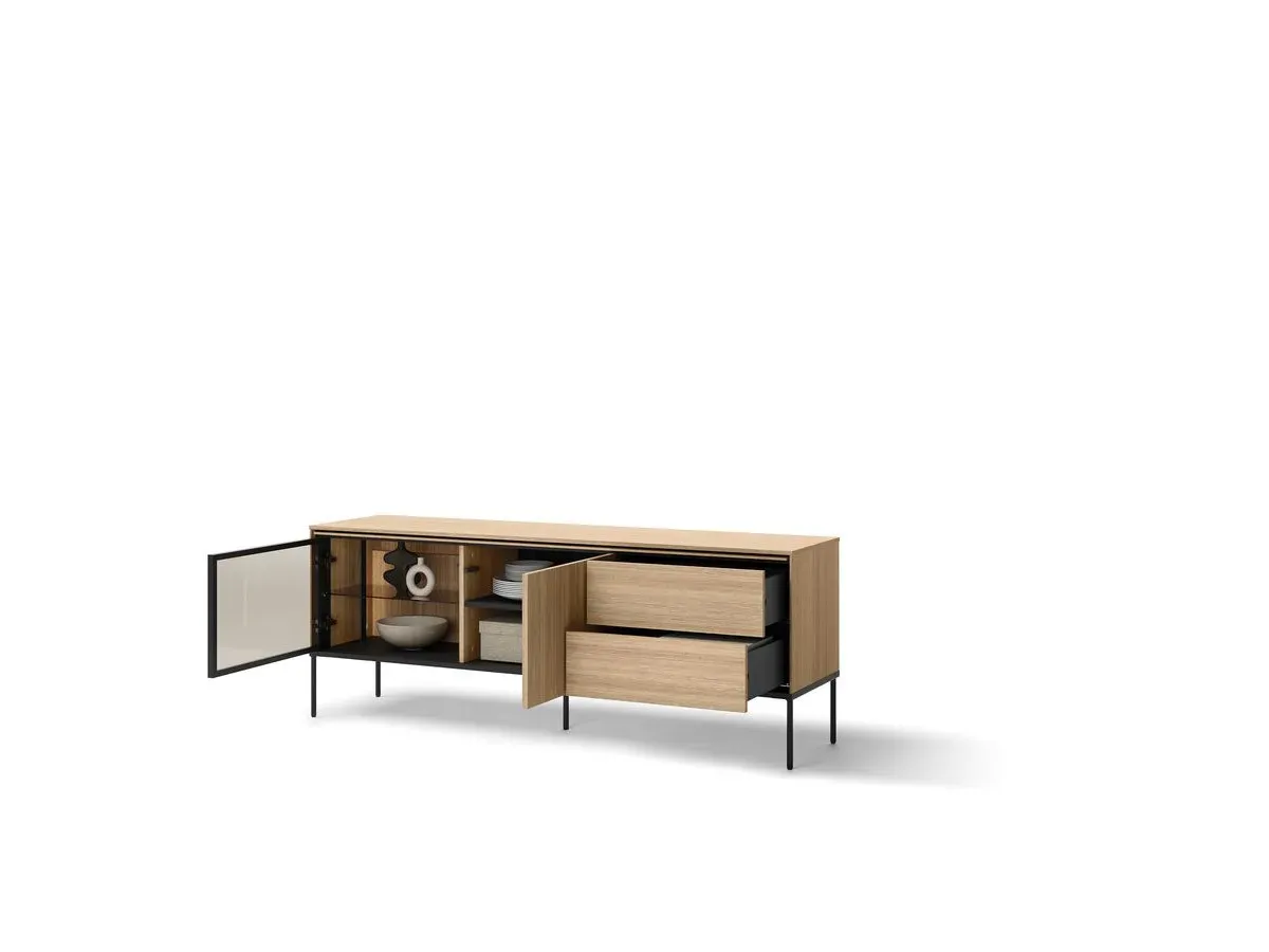 Illustration numéro 5 du produit Meuble TV 2 portes 2 tiroirs 167 cm VERONA effet chêne et verre fumé avec LEDS    BOBOCHIC