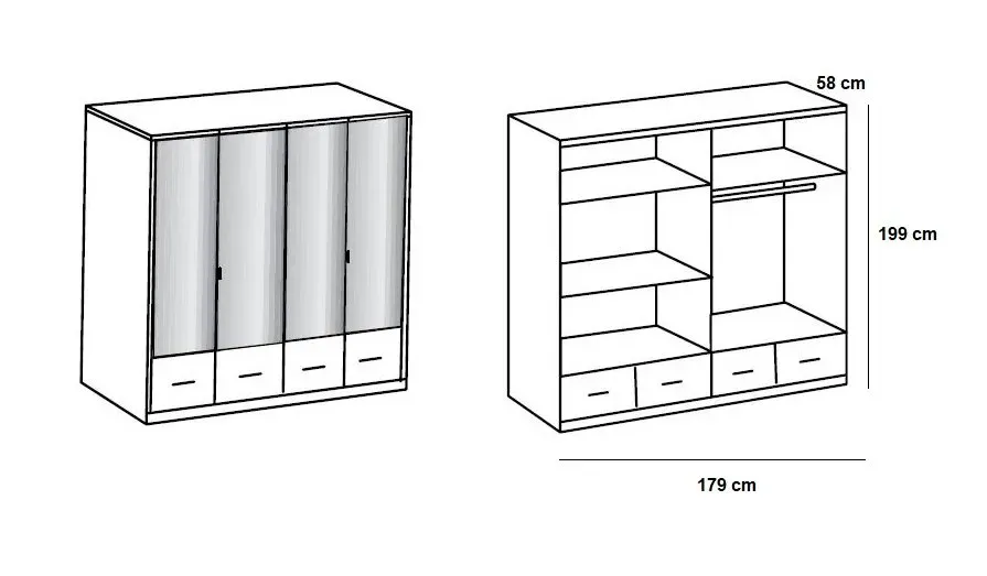 Illustration numéro 5 du produit Armoire penderie DINGLE 4 portes miroirs 4 tiroirs largeur 179 chêne