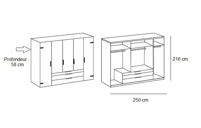 Illustration numéro 5 du produit Armoire PORTLAND style industriel 250 cm 5 portes chêne poutre / graphite