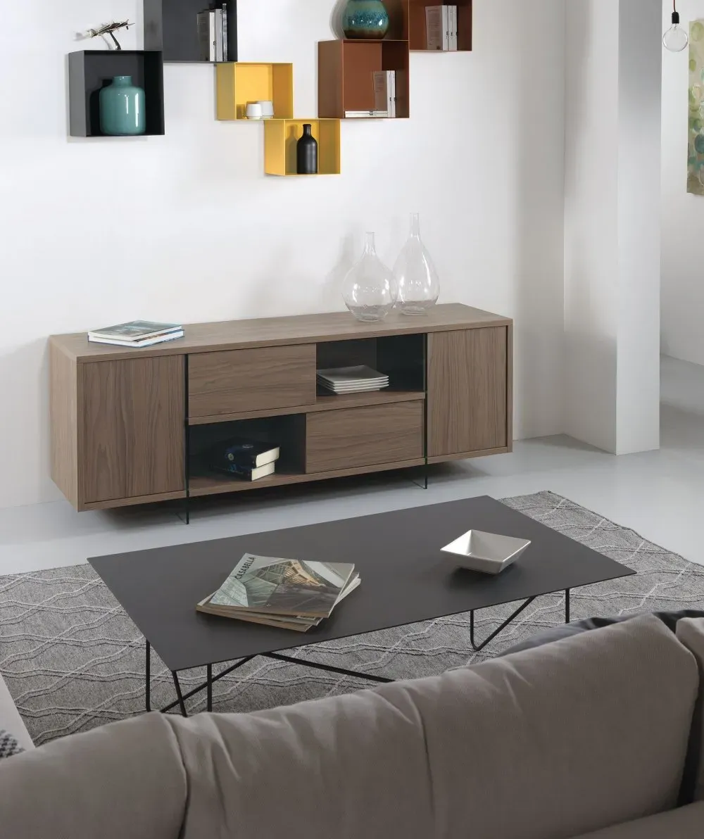 Illustration numéro 5 du produit Buffet/Meuble TV design MADY 180cm Noyer portes coulissantes et piètement en verre