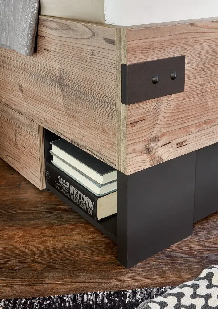 Illustration numéro 5 du produit Lit 160 x 200 cm STOKE tête de lit rembourré  tiroirs compartiment abattants sapin argenté graphite