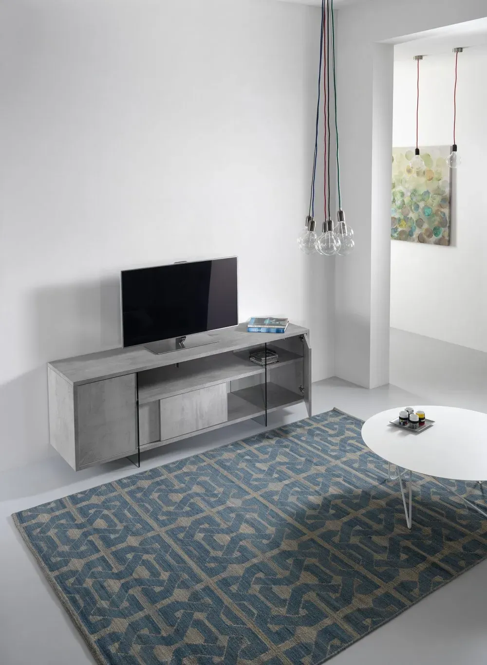 Illustration numéro 5 du produit Meuble TV design MARCO POLO 180cm gris béton  portes coulissantes et piètement en verre