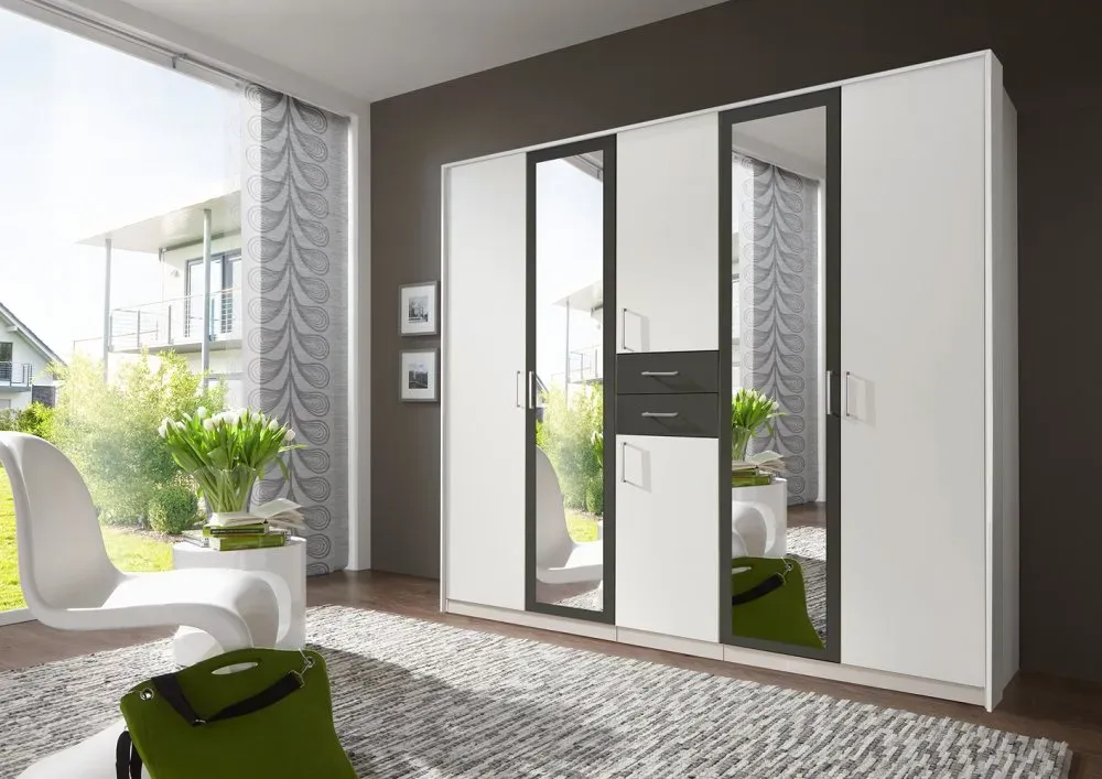 Illustration numéro 5 du produit Armoire 4 portes blancs 2 portes miroirs DIVER 225 cm 2 tiroirs graphites