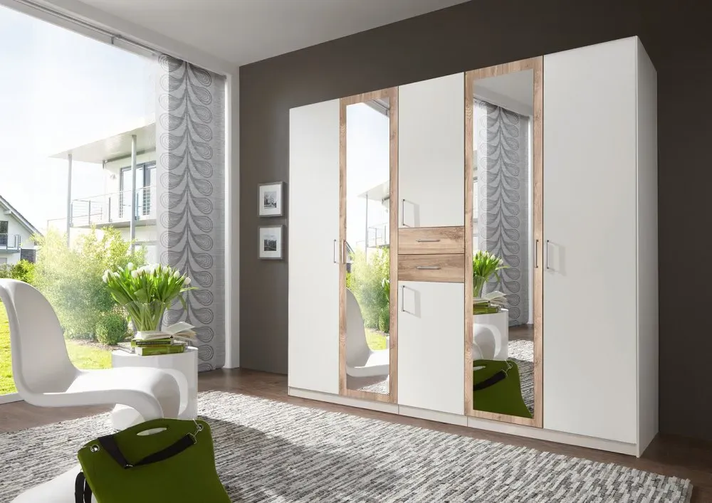 Illustration numéro 5 du produit Armoire 4 portes blancs 2 portes miroirs DIVER 225 cm 2 tiroirs chênes poutres