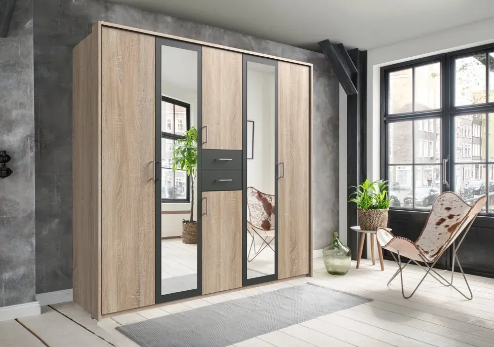 Illustration numéro 5 du produit Armoire 4 portes chênes 2 portes miroirs DIVER 225 cm 2 tiroirs graphites