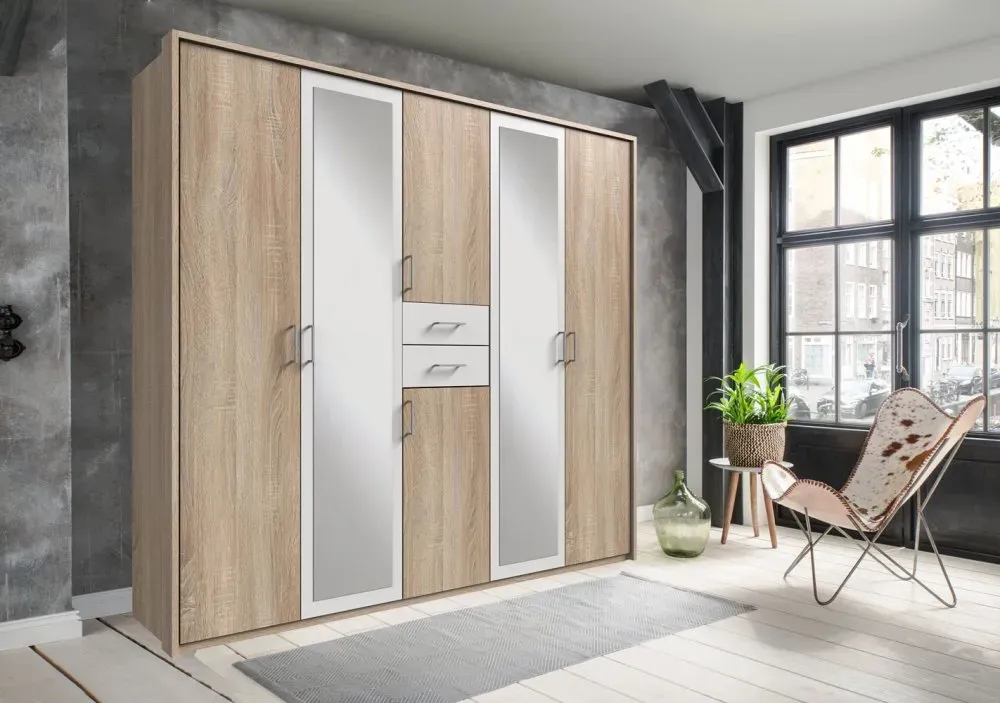 Illustration numéro 5 du produit Armoire 4 portes chênes 2 portes miroirs DIVER 225 cm 2 tiroirs blancs