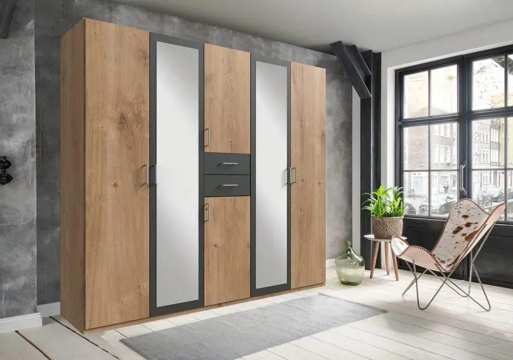 Illustration numéro 5 du produit Armoire 4 portes chênes poutres 2 portes miroirs DIVER 225 cm 2 tiroirs graphites