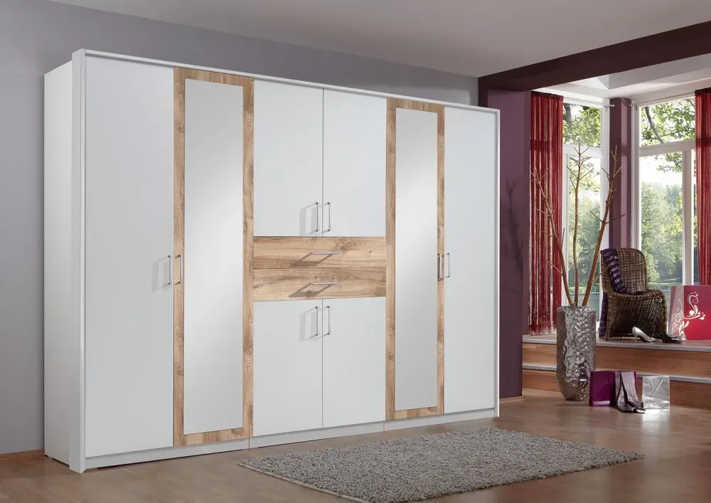 Illustration numéro 5 du produit Armoire 6 portes blancs 2 portes miroirs DIVER 270 cm 2 tiroirs chênes poutres