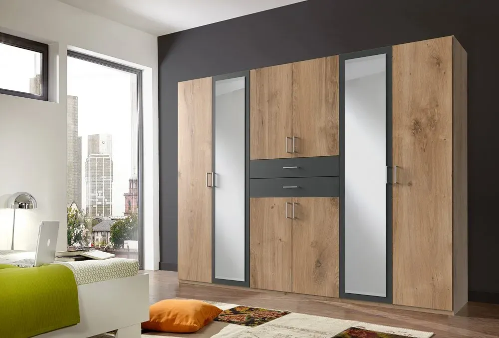 Illustration numéro 5 du produit Armoire 6 portes chênes poutres 2 portes miroirs DIVER 270 cm 2 tiroirs graphites