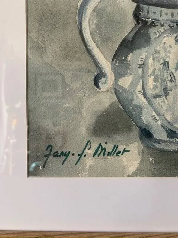 Illustration numéro 5 du produit Aquarelle ancienne signée Jany. F. Millet (1926-1992), bouquet de fleurs sous verre encadré, 1950