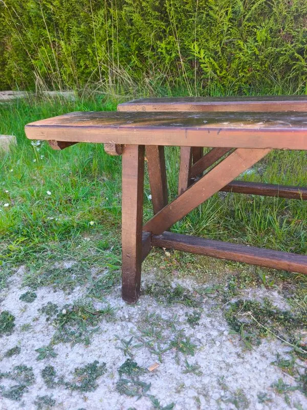 Illustration numéro 5 du produit Paire de longs bancs anciens rustiques en bois massif – 195 cm